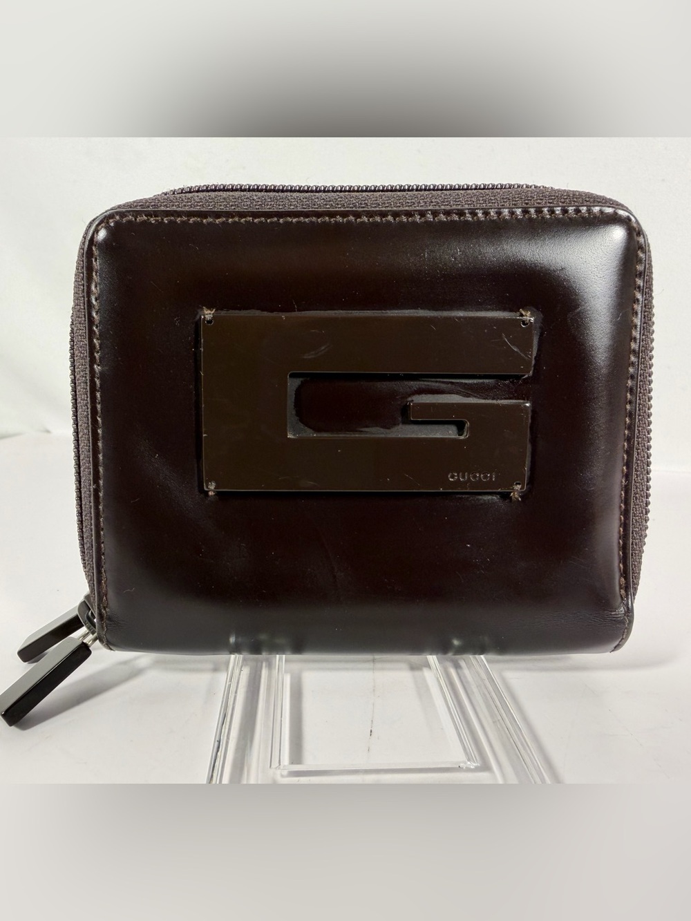 1285: Gucci Vintage G Logo Double Zip Brown Leather Compact Wallet 035 3314 1985